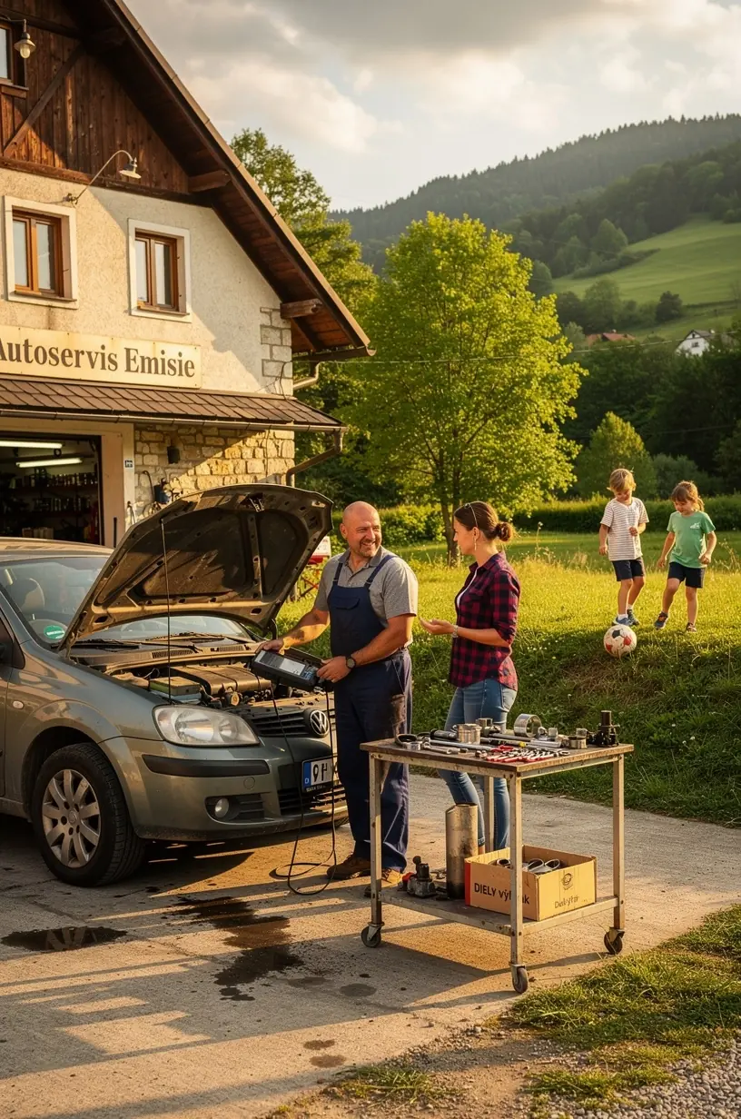 Detailný pohľad na nové a repasované diely výfukového systému pripravené na montáž v slovenskej dielni